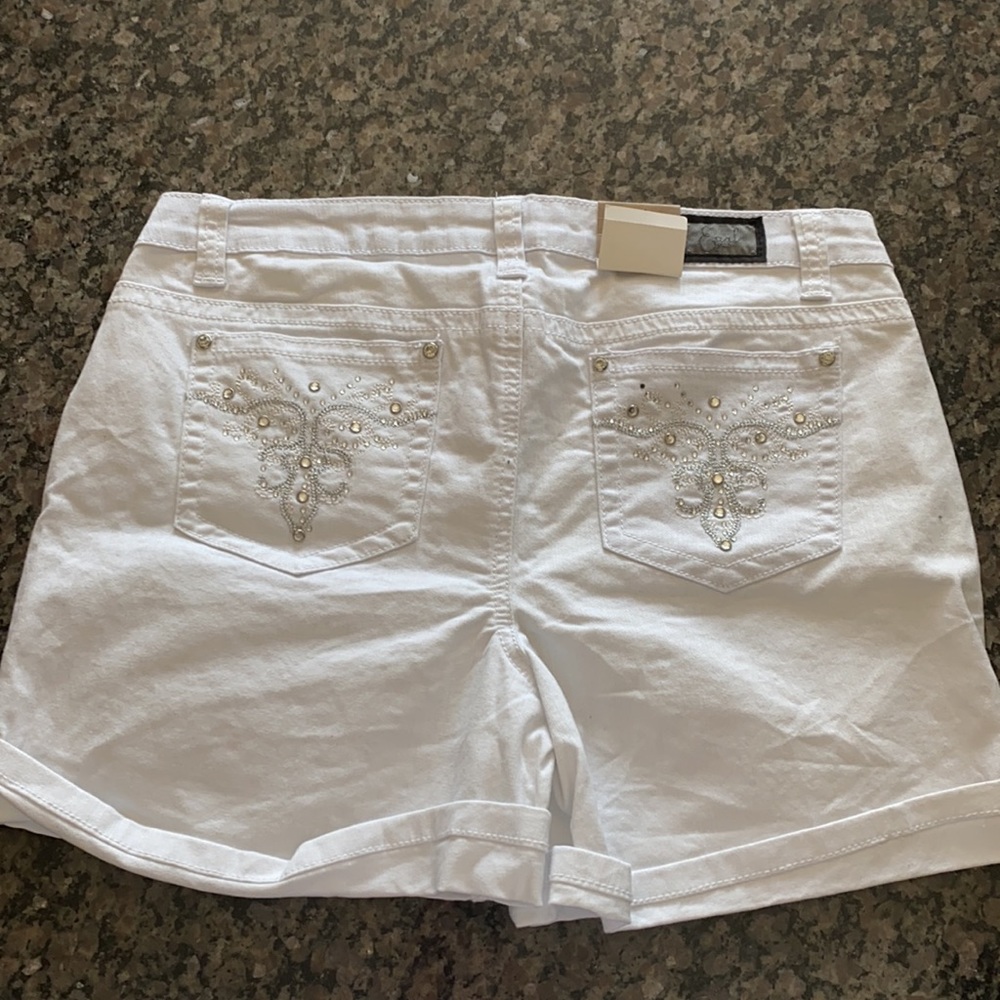 White Embellished Crystal Bling Cuffed Shorts
